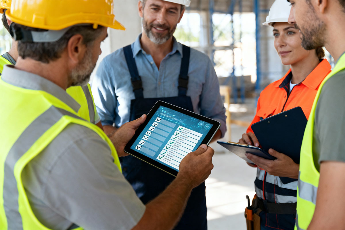 Ingegneri in cantiere controllano dati su tablet