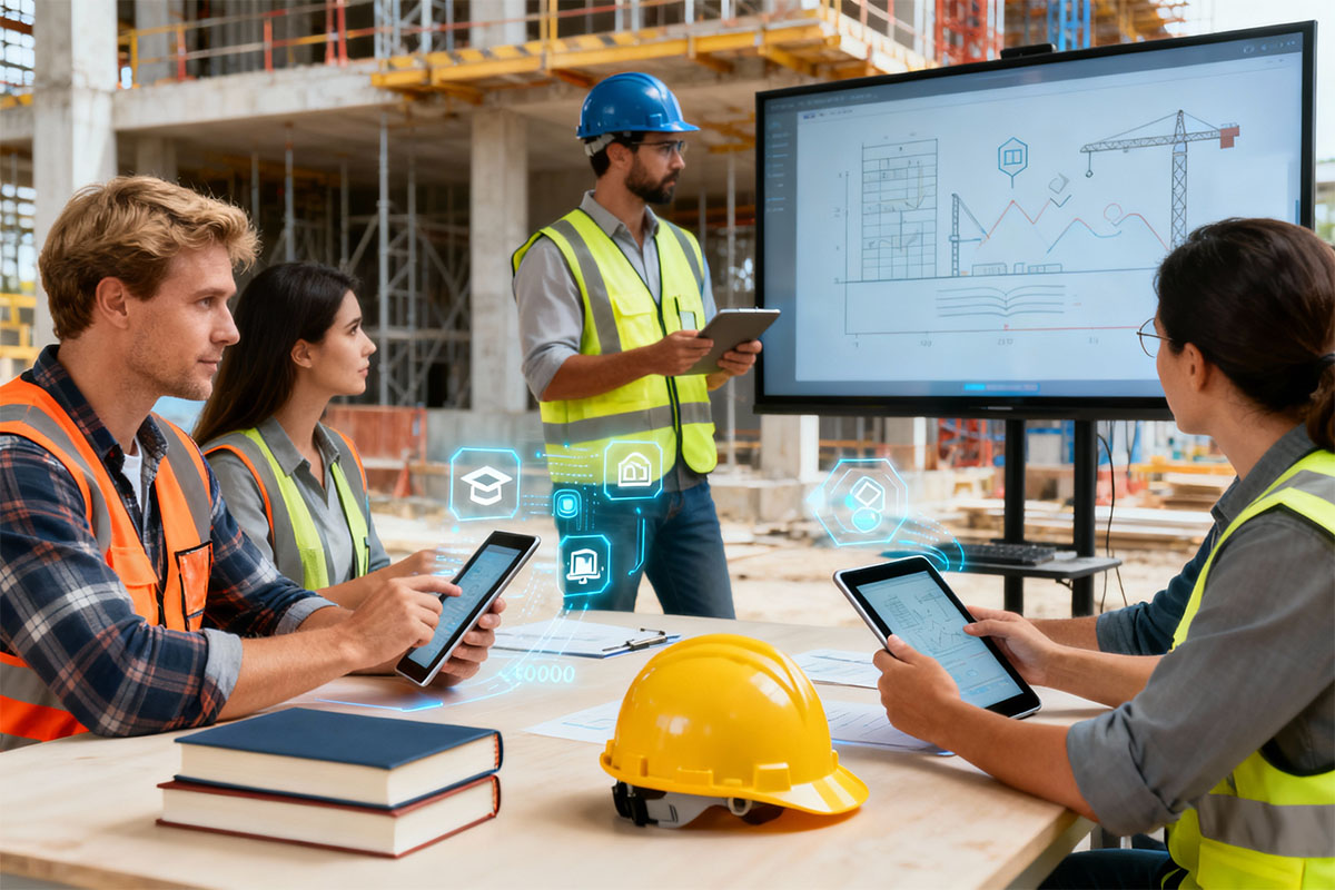Ingegneri discutono progetto edilizio digitale in cantiere