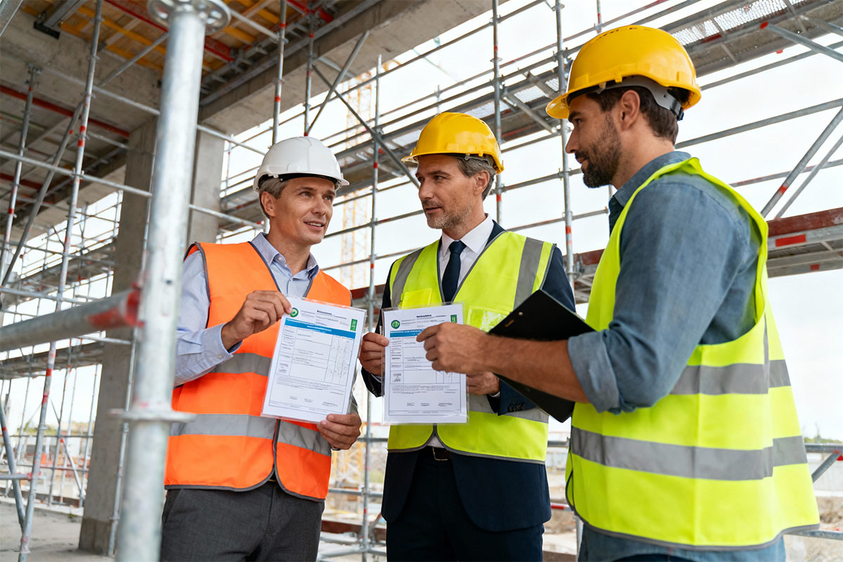 Ingegneri discutono progetto edilizio in cantiere