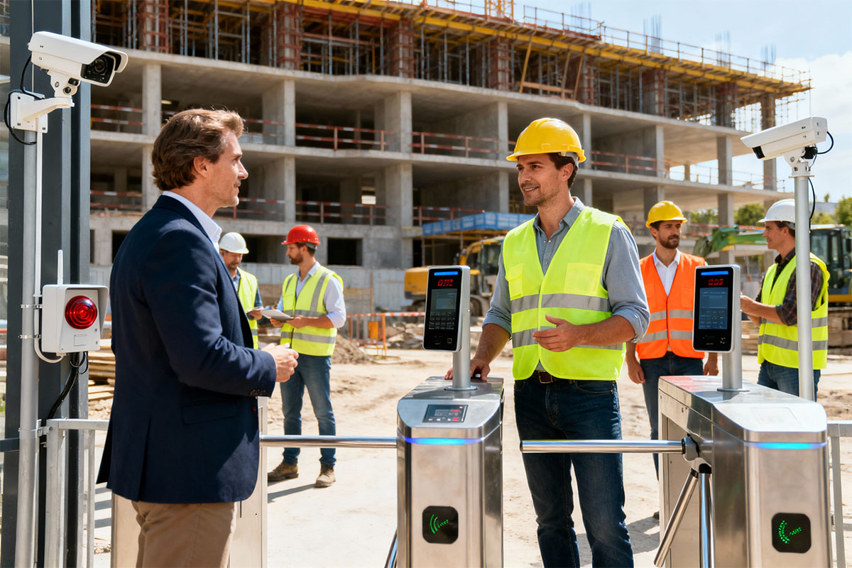 Operai edili con caschi davanti a un cantiere
