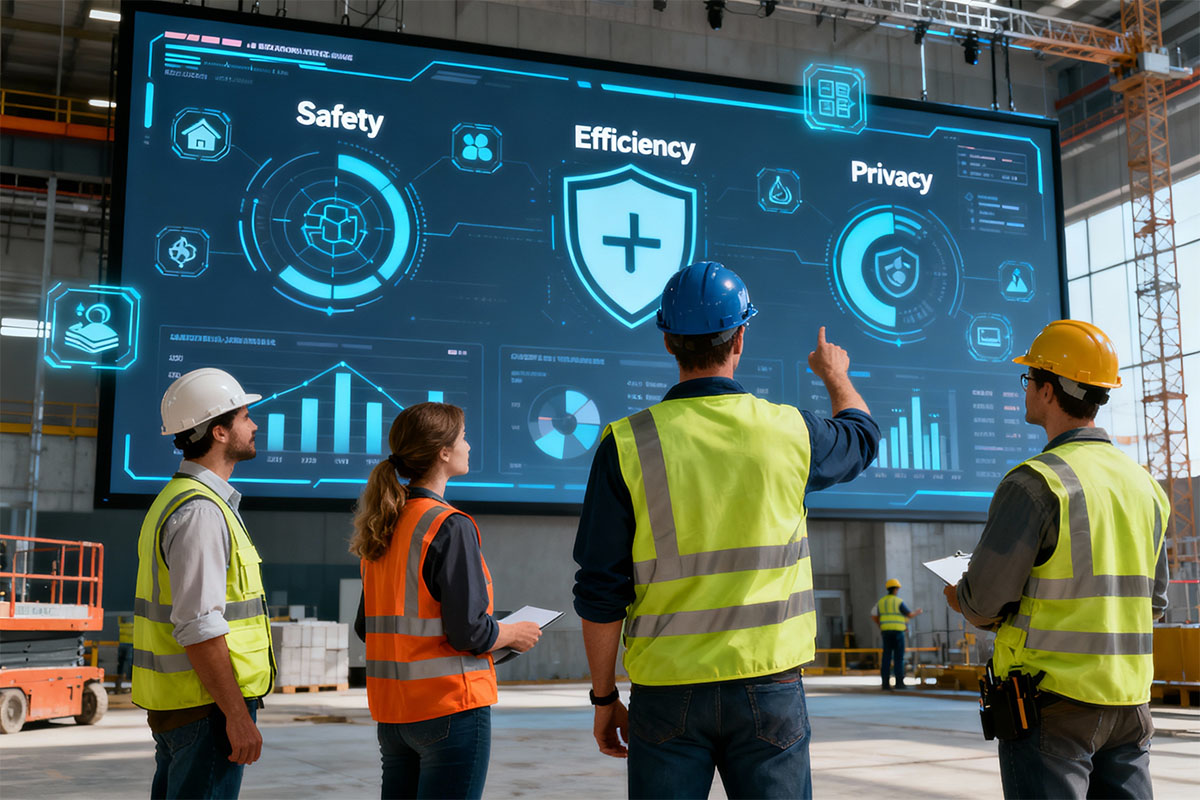 Ingegneri osservano schermo digitale sicurezza ed efficienza