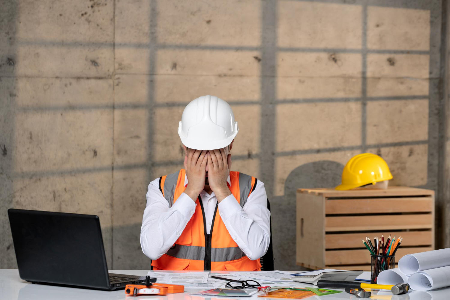 Ingegnere stressato con casco al tavolo di lavoro
