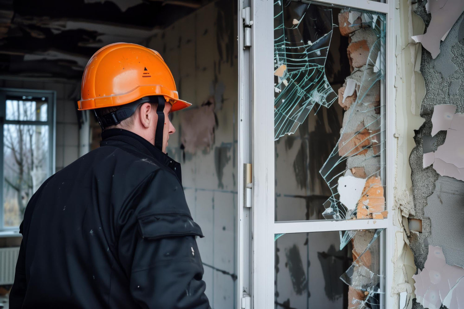 Operaio con casco arancione davanti a finestra rotta