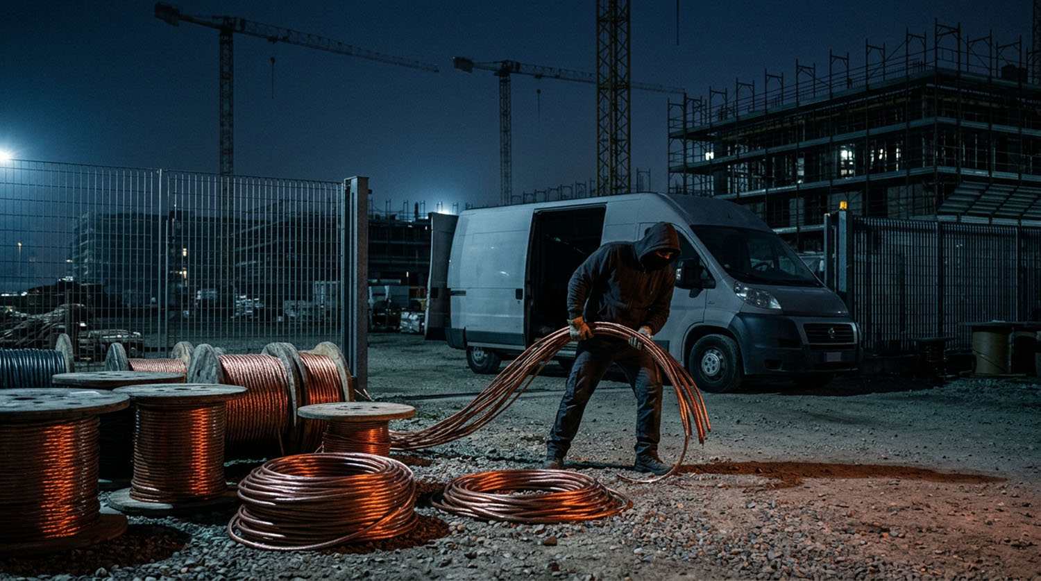 Figura incappucciata maneggia cavi di rame in cantiere notturno