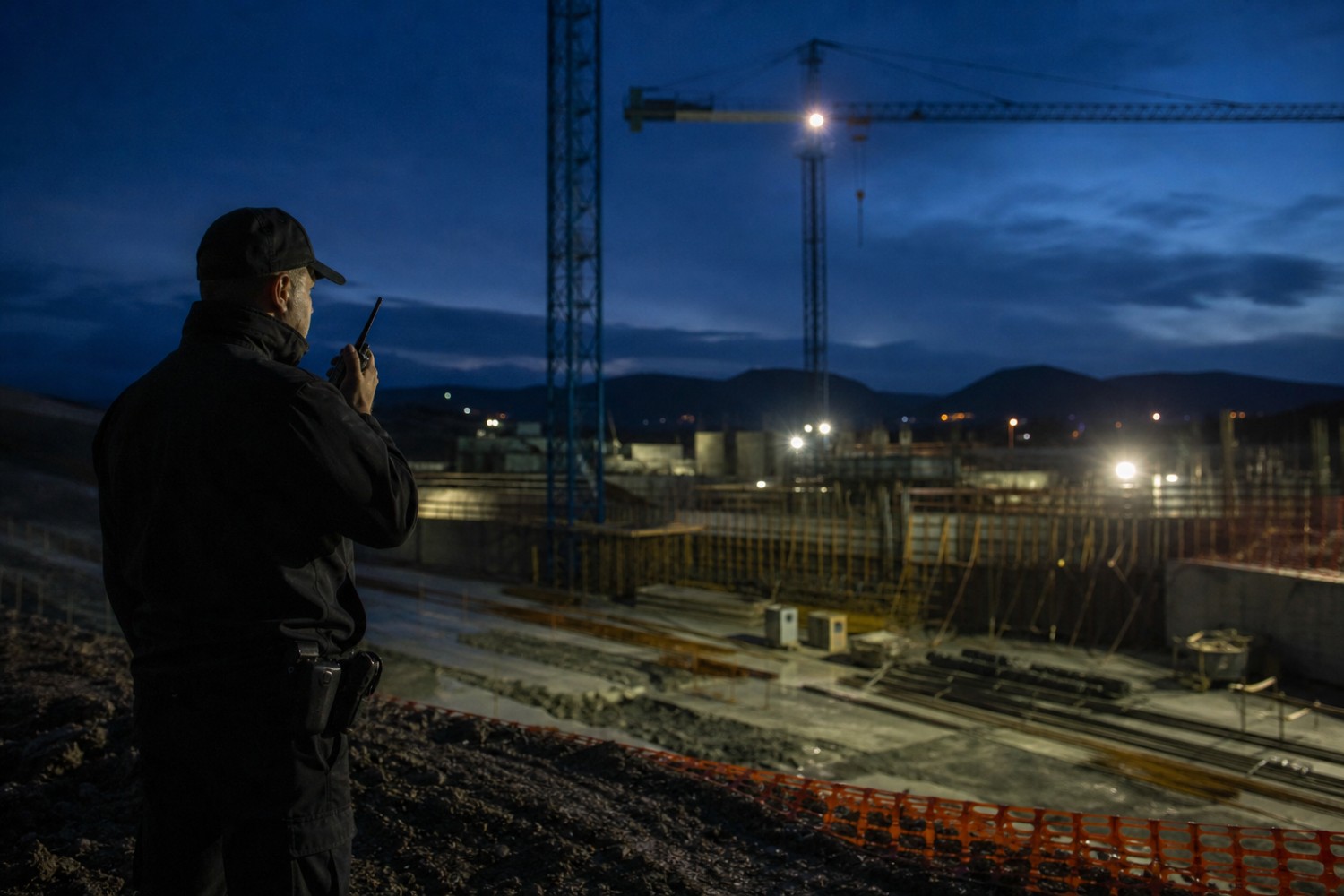 Guardia con radio sorveglia cantiere notturno