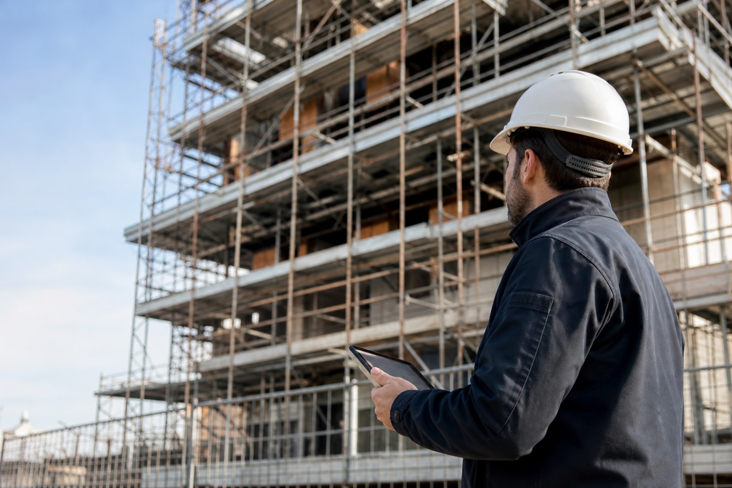 Tecnico con casco controlla cantiere edile con tablet